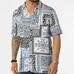 Chemise Manches Courtes Bandana Floral KL-2059 Blanc Bleu Clair Noir de ADJ
