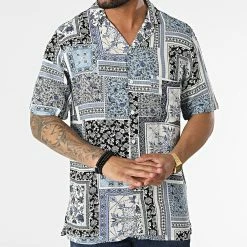 Chemise Manches Courtes Bandana Floral KL-2059 Blanc Bleu Clair Noir de ADJ -ADJ Soldes adj 318802 KL 2059 BANDANA BLEU 20220512T091814 03
