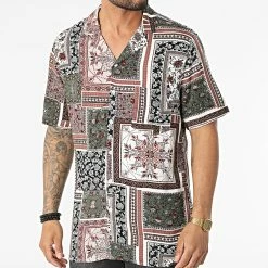 Chemise Manches Courtes Bandana Floral KL-2059 Blanc Marron Vert Kaki de ADJ
