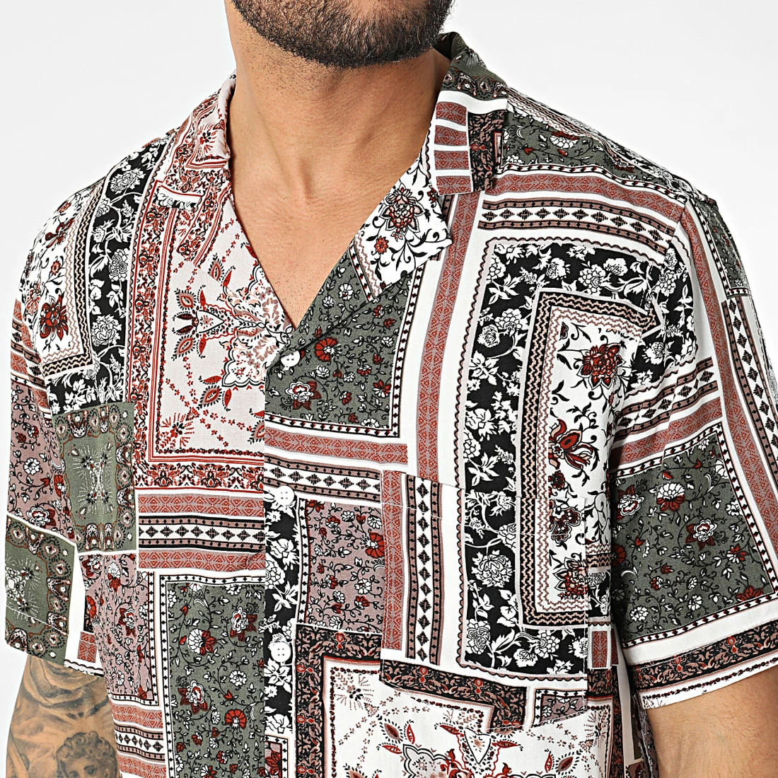 Chemise Manches Courtes Bandana Floral KL-2059 Blanc Marron Vert Kaki de ADJ 4 Chemise Manches Courtes Bandana Floral KL-2059 Blanc Marron Vert Kaki de ADJ – Image 2
