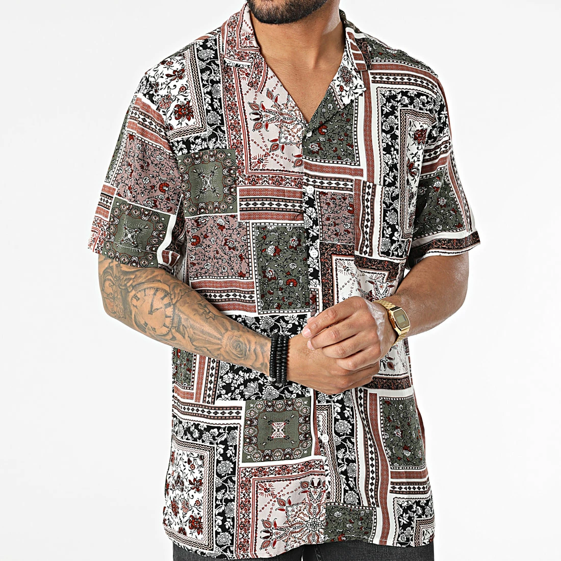 Chemise Manches Courtes Bandana Floral KL-2059 Blanc Marron Vert Kaki de ADJ 5 Chemise Manches Courtes Bandana Floral KL-2059 Blanc Marron Vert Kaki de ADJ – Image 3