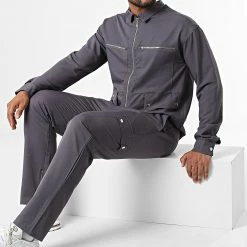 Ensemble Veste Zippée Et Pantalon Cargo KL-2093 Gris Anthracite de ADJ